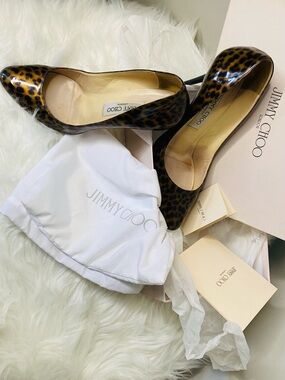 Jimmy Choo “Love 85” Leopard Print Patent Leather Size 38.5 Pumps -brown/black